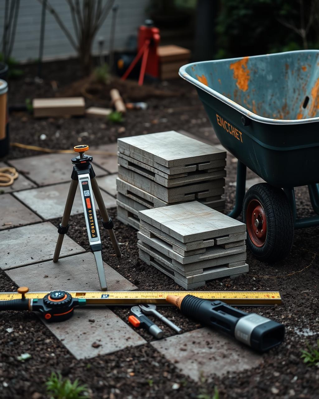 Landscaping tools, laser level and stacked paving on a tidy worksite