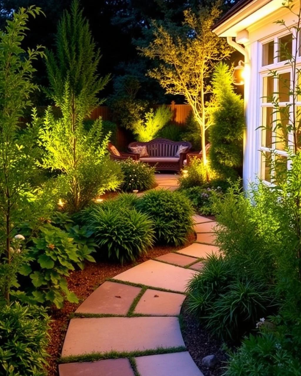 Sandstone path through lush planting to a lit seating area