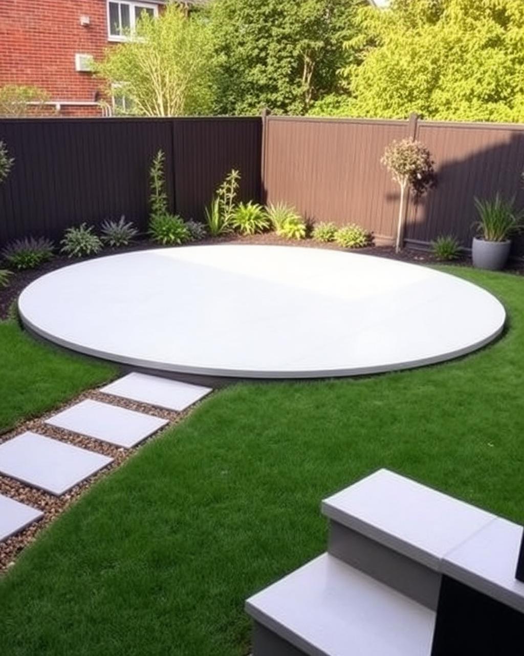 Circular patio with curved lawn and stepping stones
