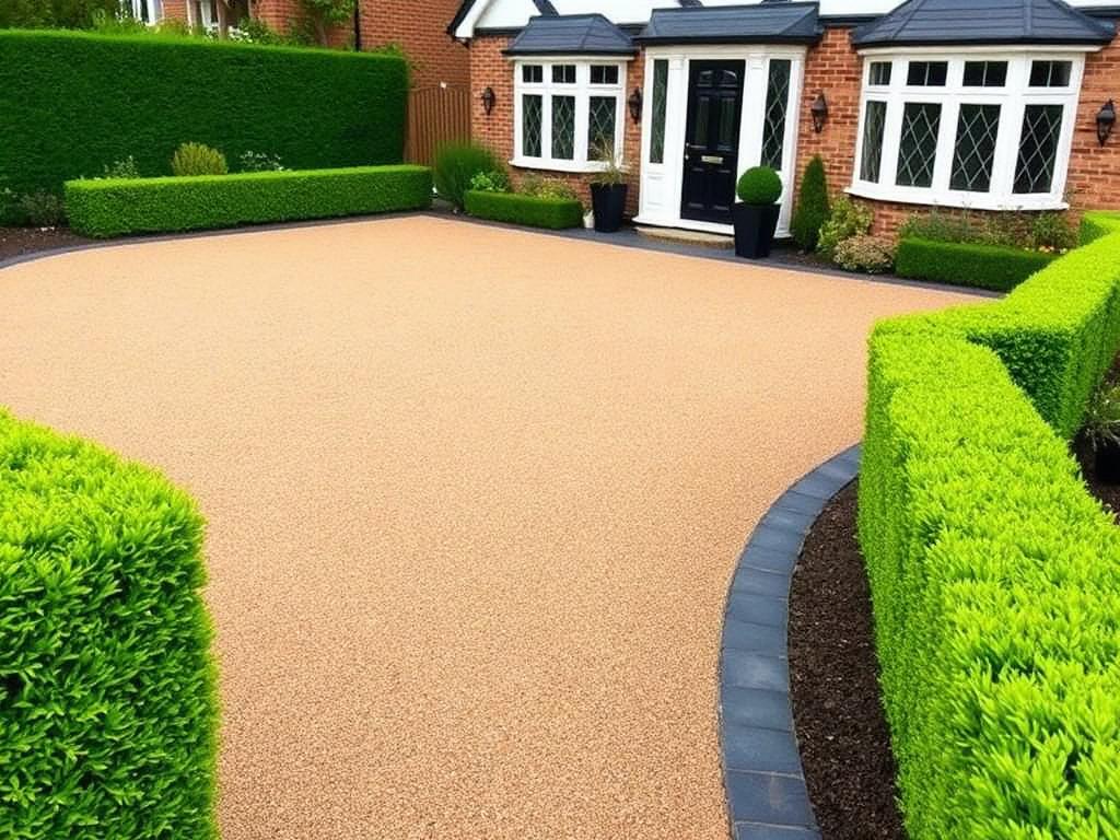 Resin bound driveway with clipped hedging