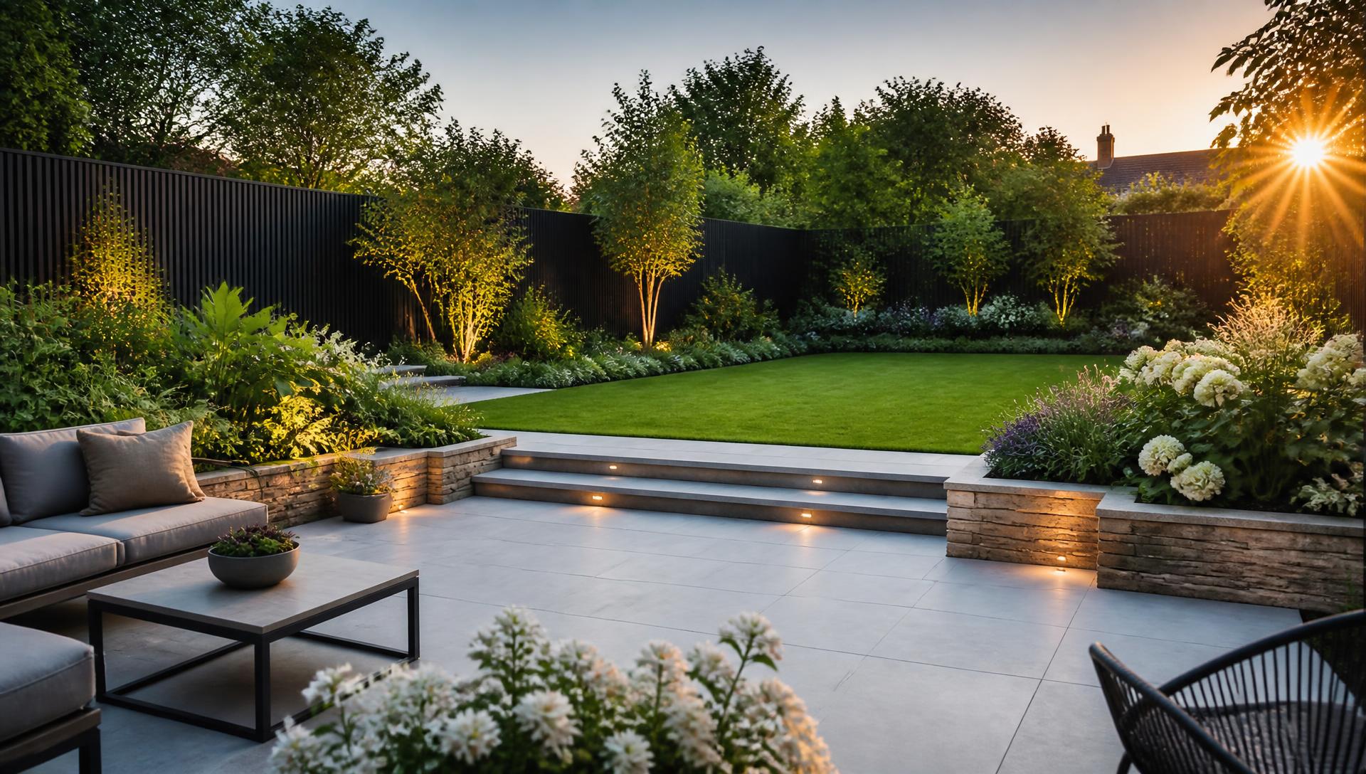 Landscaped UK garden with porcelain patio, lawn and lit planting at dusk