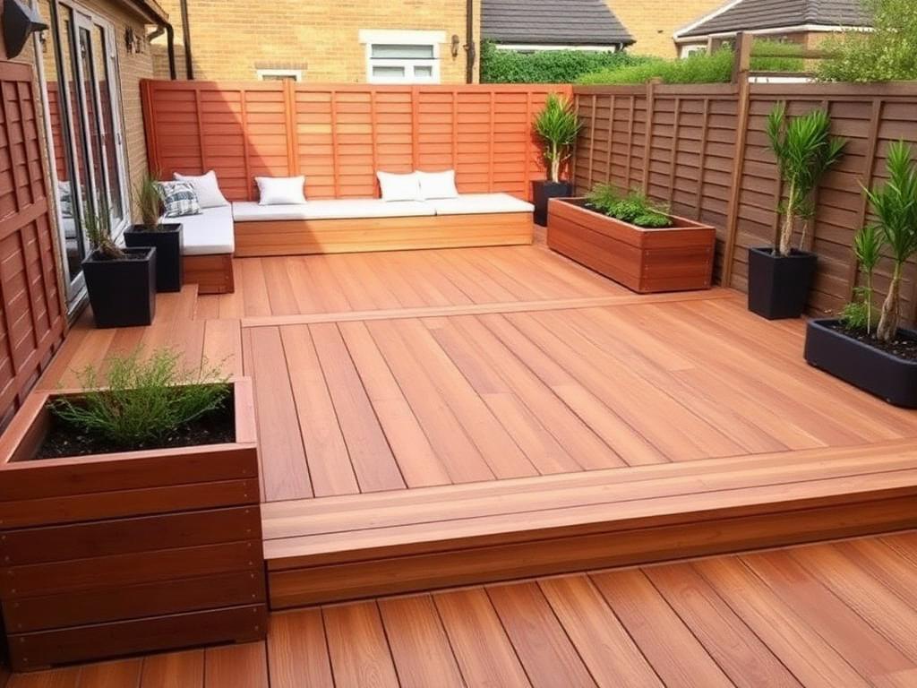 Composite decking area with built-in seating and planters