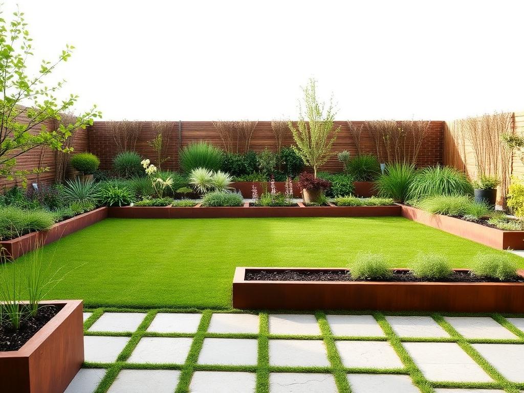 Contemporary designed garden with corten steel planters and lawn