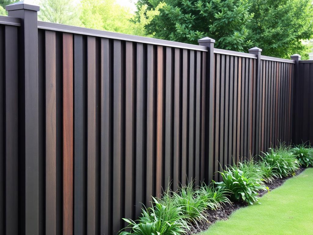 Dark stained slatted timber garden fence beside planting