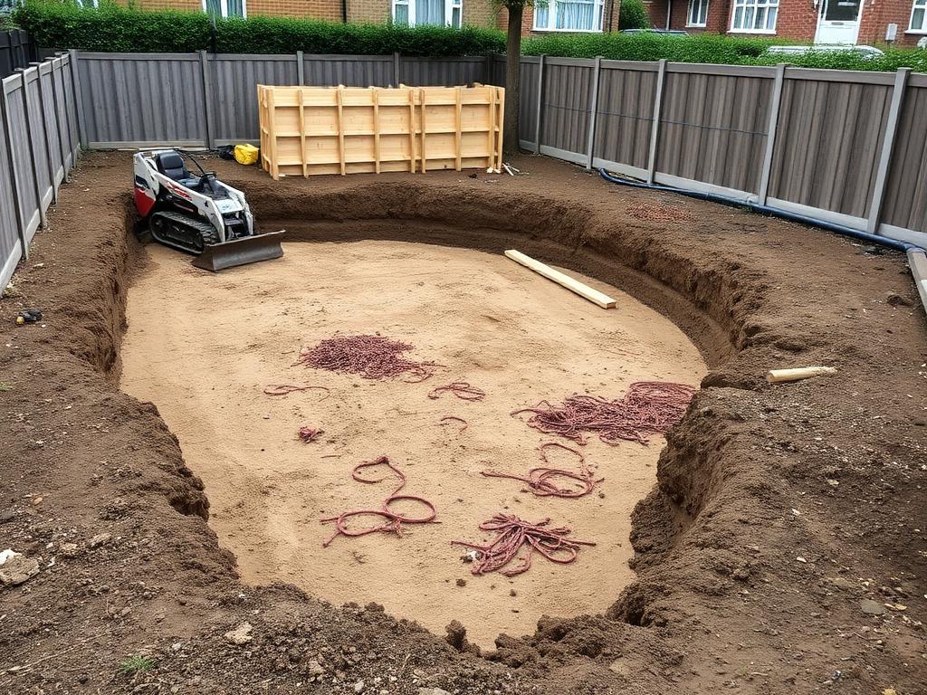Landscaping groundworks with excavated base and drainage pipework