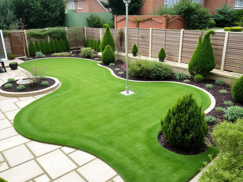 Landscaped UK garden with shaped lawn, planting beds and paving