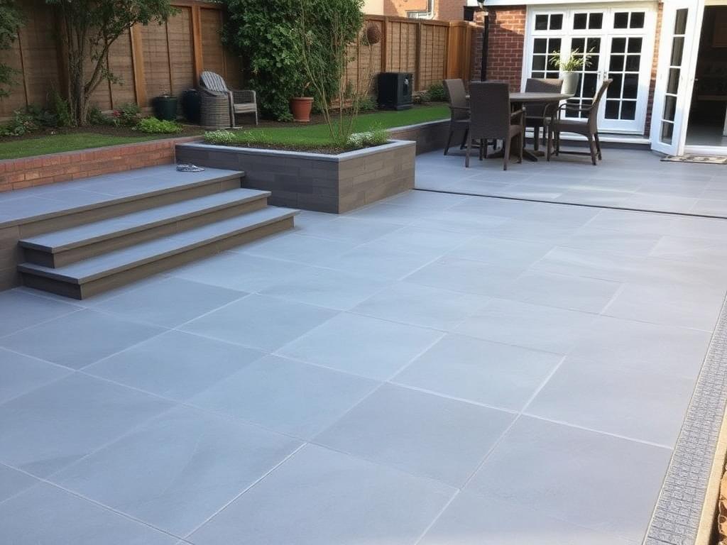 Newly installed grey porcelain patio with steps in a UK garden